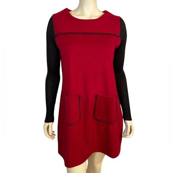 NWT Jinyanzi Soft Red Black Long Sleeve Mini Dress with Pockets Retro Vintage - Picture 8 of 11